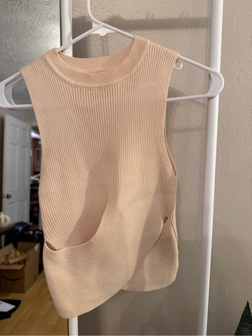 Sleeveless Rib-Knit Top in Light Beige